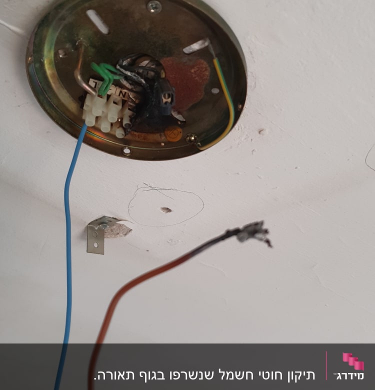 חוטי חשמל חשופים בתקרה עם חיבורי חשמל